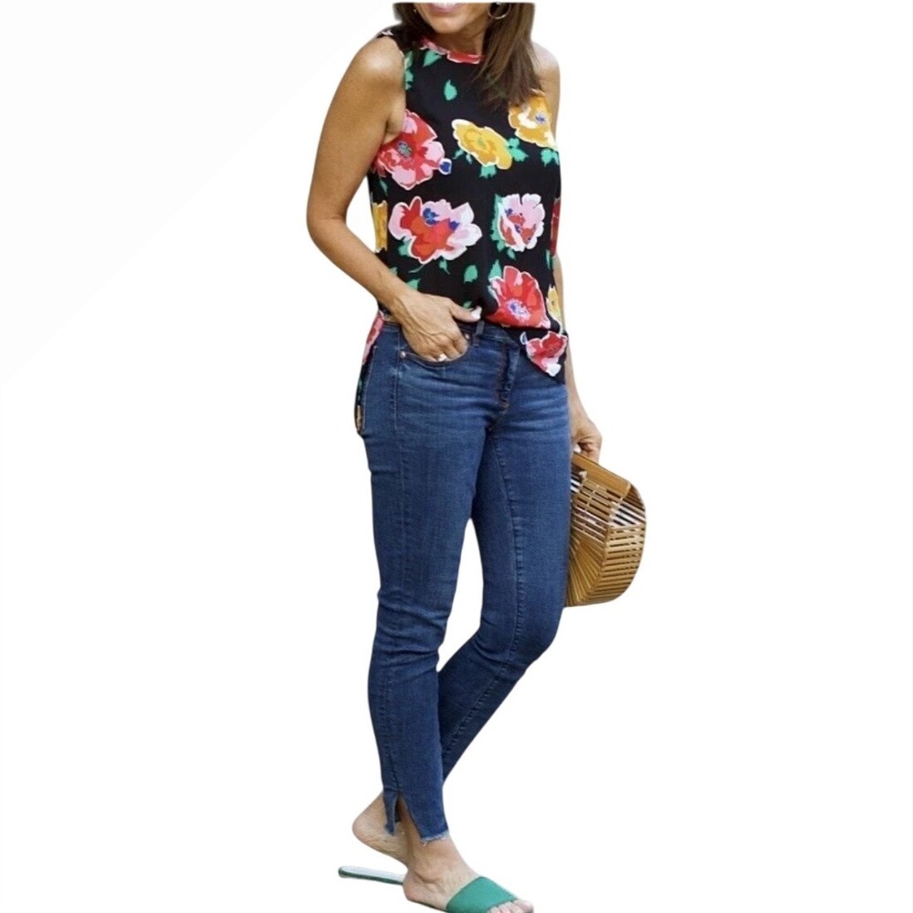 Who What Wear Tank Top Floral Sleeveless Blouse Black Multicolor Womens L